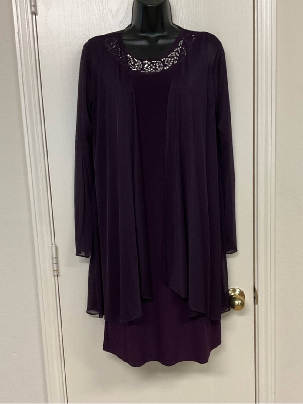 Onyx Nite Deep Purple Midi Dress with Sheer Jacket and Beaded Neckline